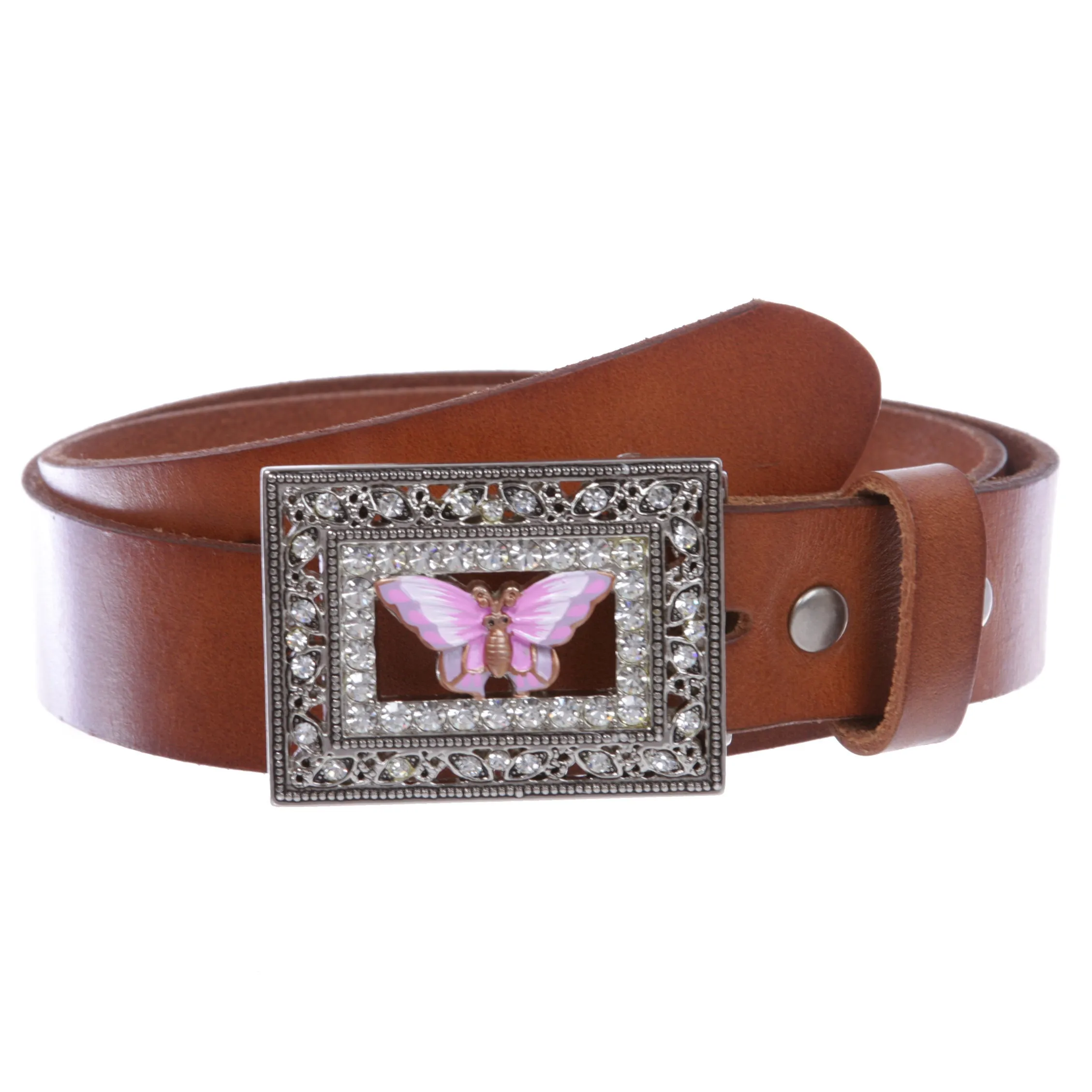 1 1/4" Snap On Rectangular Rhinestone Western Engraving Hollow Out Perforated Butterfly Cow High Full Top Grain Leather Belt