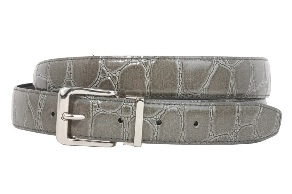 1 1/8 Inch Clamp On Single Loop Silver One Size Fits All Feather Edged Faux Alligator Grain Croco Print Patent Leather Belt