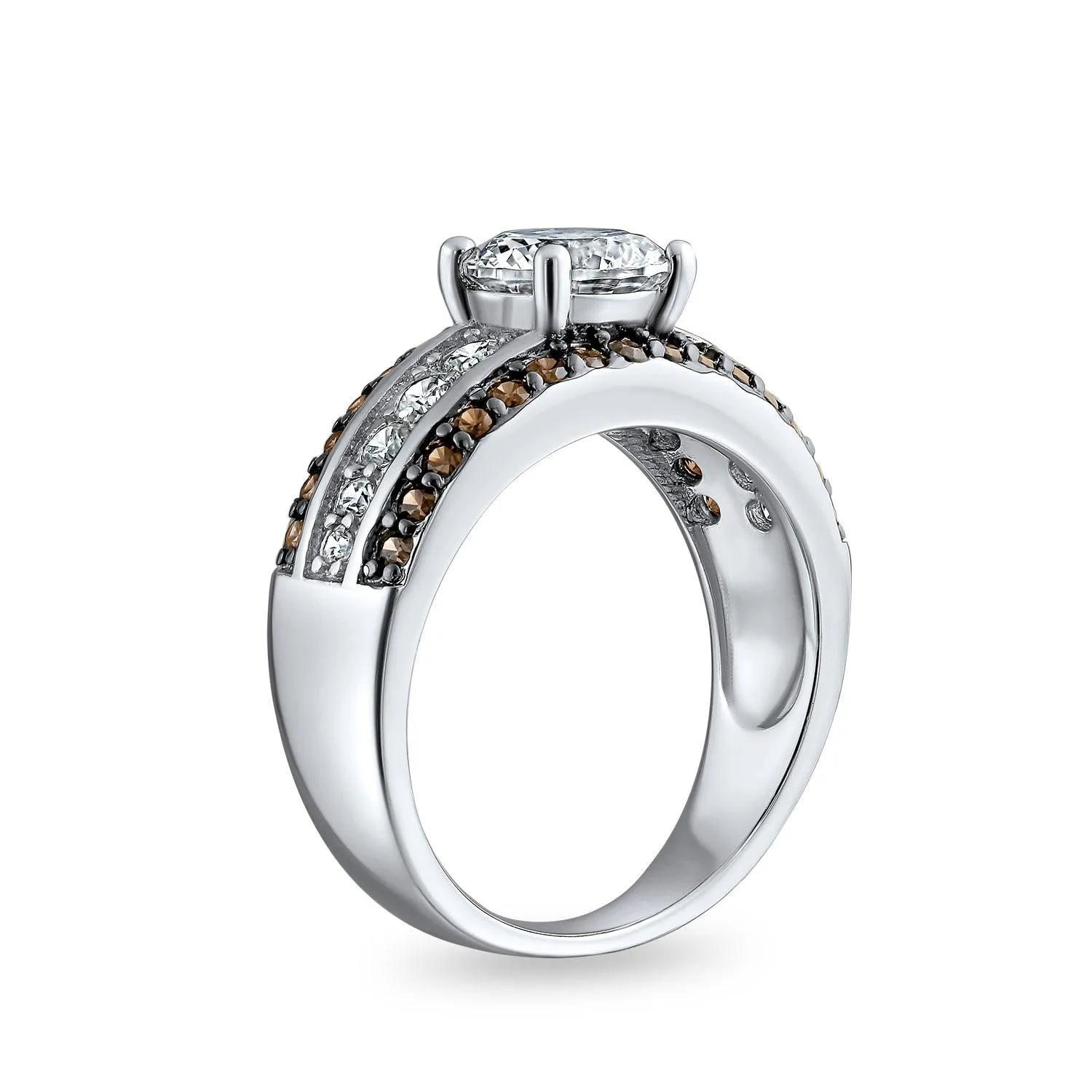 3ct AAA CZ Two Tone Chocolate Brown Solitaire Engagement Ring with Pave Band