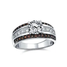 3ct AAA CZ Two Tone Chocolate Brown Solitaire Engagement Ring with Pave Band