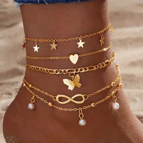 4-Pieces: Stackable Thin Chain Anklet Set