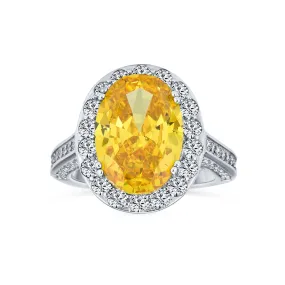 6CT Canary Yellow Oval Halo AAA CZ 925 Silver Engagement Ring with Pave Band