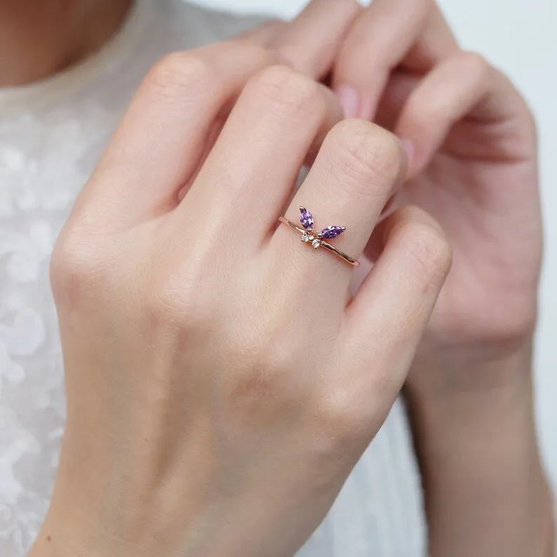 Amethyst Butterfly Rings - 14k Rose Gold Vermeil Rings - Amethyst Promise Rings