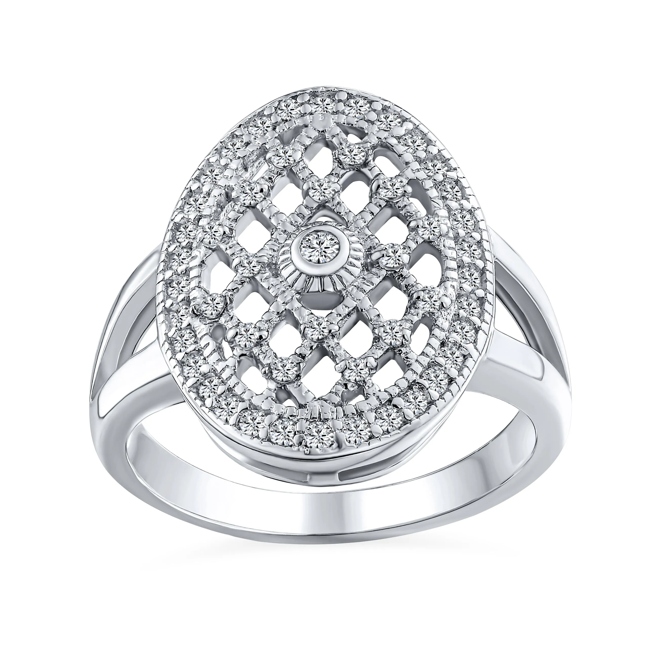 Art Deco Cocktail Statement Ring: Large Oval Pave CZ on Sterling Silver