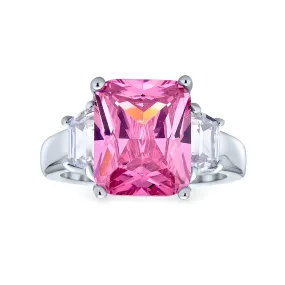 Art Deco Sterling Silver Engagement Ring with Pink CZ and Baguette Side Stones