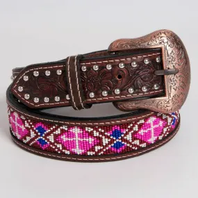 Beaded Floral Hand Carved Western Leather Belt