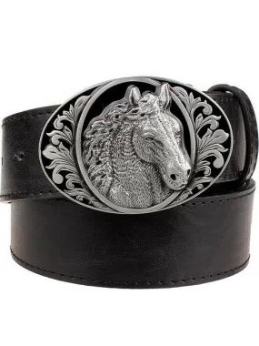 Black Leather belt horse pattern animal belts cowboy style men's jeans belt punk rock style accessories