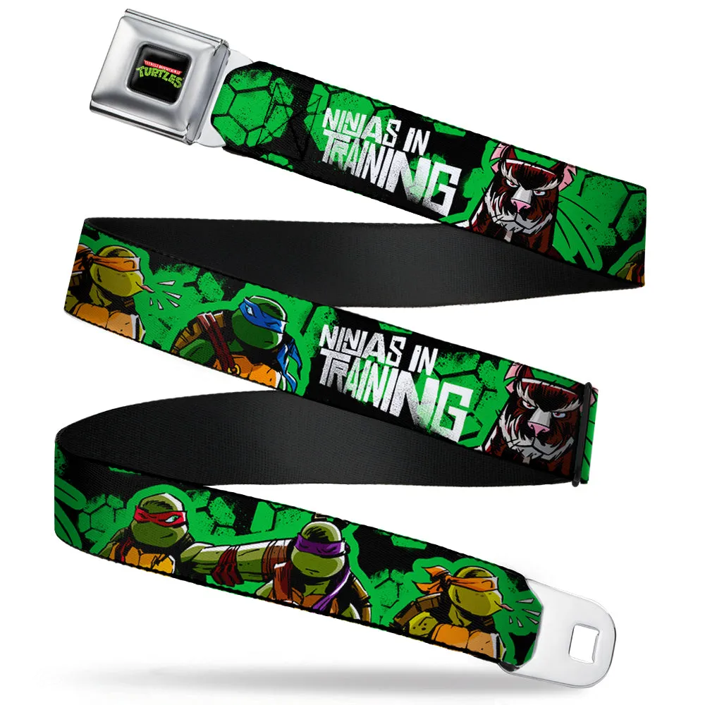 Classic TMNT Logo Full Color Seatbelt Belt - Classic TMNT Turtles Pose11 & Splinter NINJAS IN TRAINING Black/Green Webbing