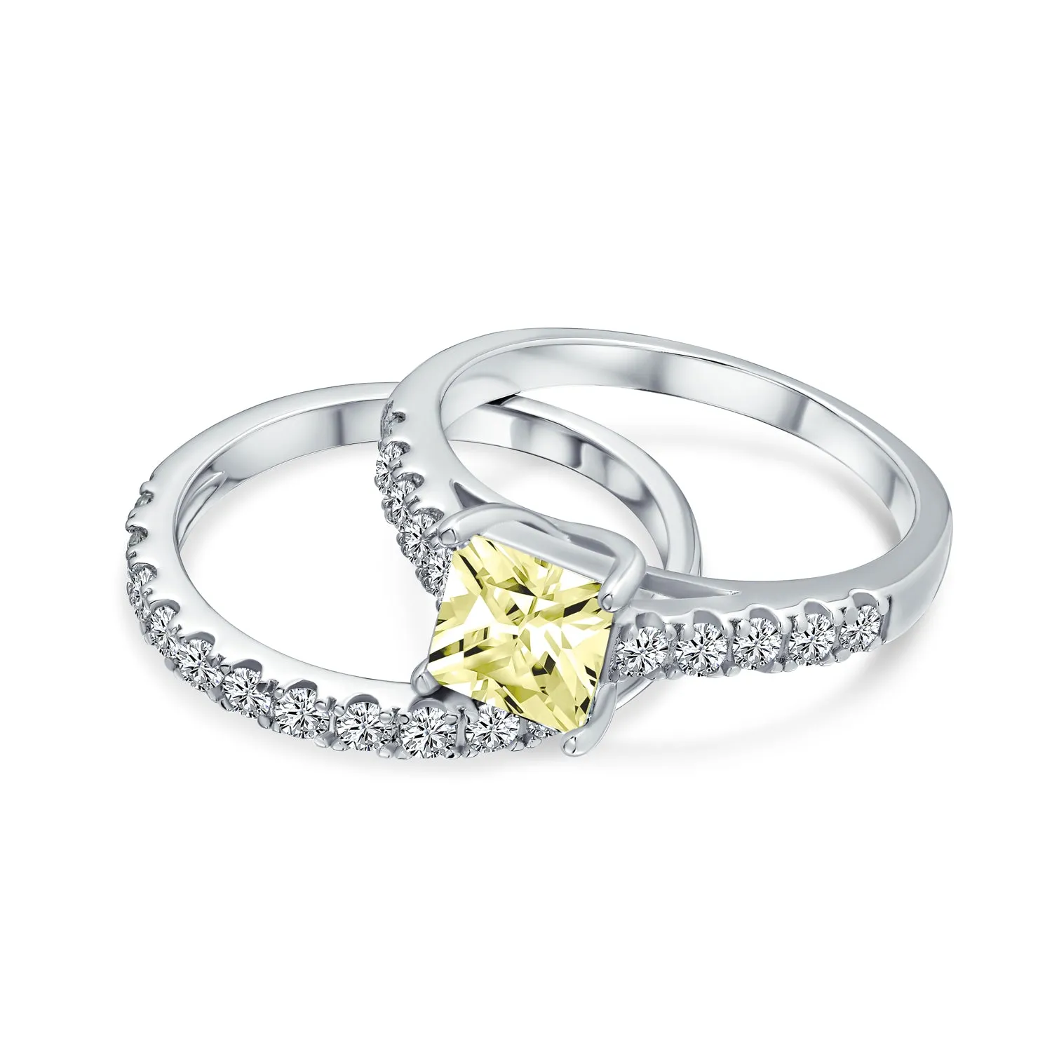 Cocktail Statement Ring: 3CT Canary Yellow CZ Princess Cut Solitaire with Pave Band