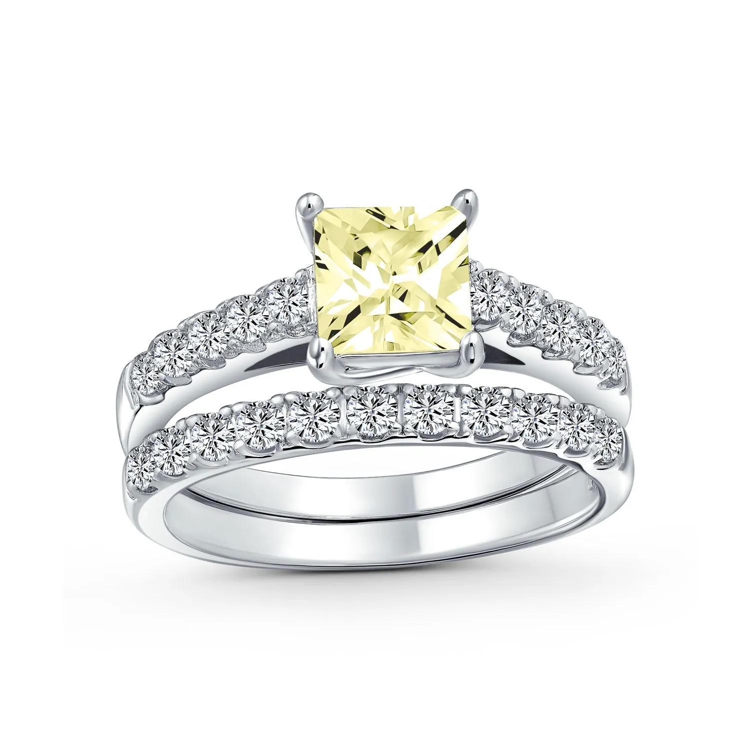 Cocktail Statement Ring: 3CT Canary Yellow CZ Princess Cut Solitaire with Pave Band