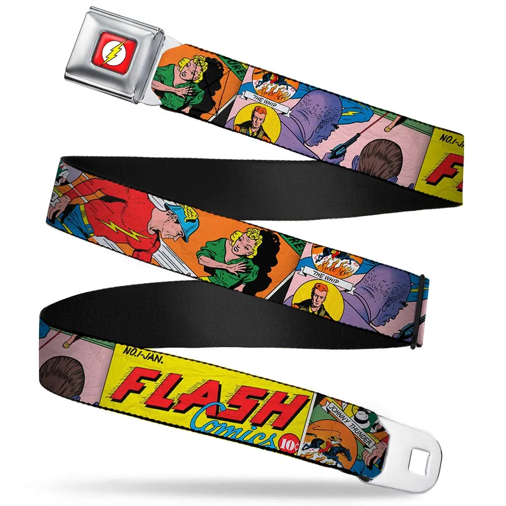 Flash Logo Full Color Red White Yellow Seatbelt Belt - Classic FLASH COMICS Issue #1 Introducing Flash Cover Pose Webbing