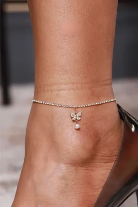 Get Your Wings Rhinestone Charm Anklet - Gold