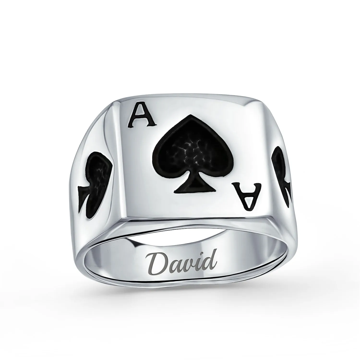 Good Luck Gambler Mens Silver Ring with Black Ace of Spade for Poker Players