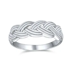 Half Braided Silver Ring with Wheat Weave and Twisted Rope Design Sterling