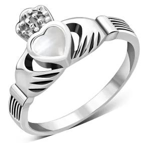 Irish Claddagh Sterling Silver Ring w/ Mother of Pearl