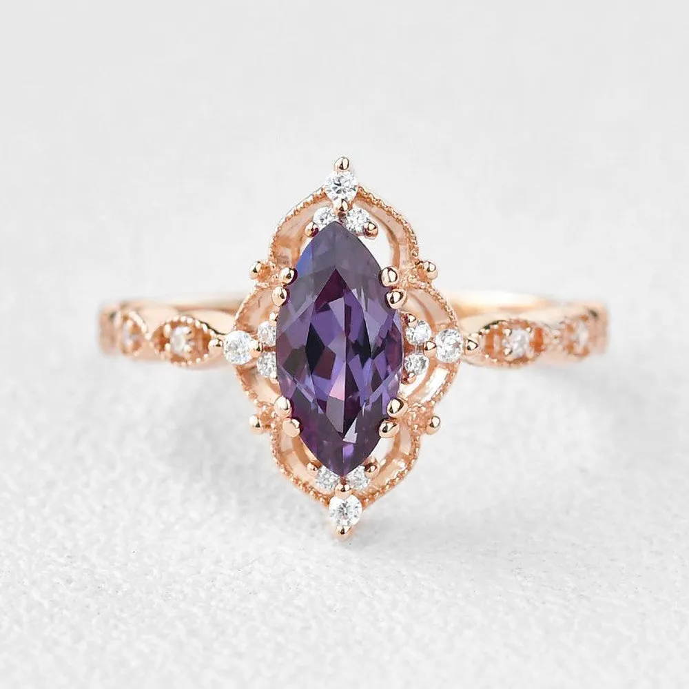 Marquise Cut Lab Alexandrite Art Deco Ring