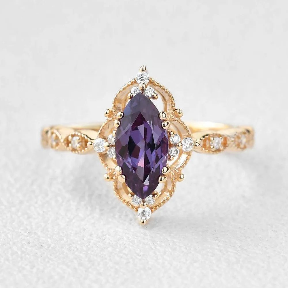 Marquise Cut Lab Alexandrite Art Deco Ring