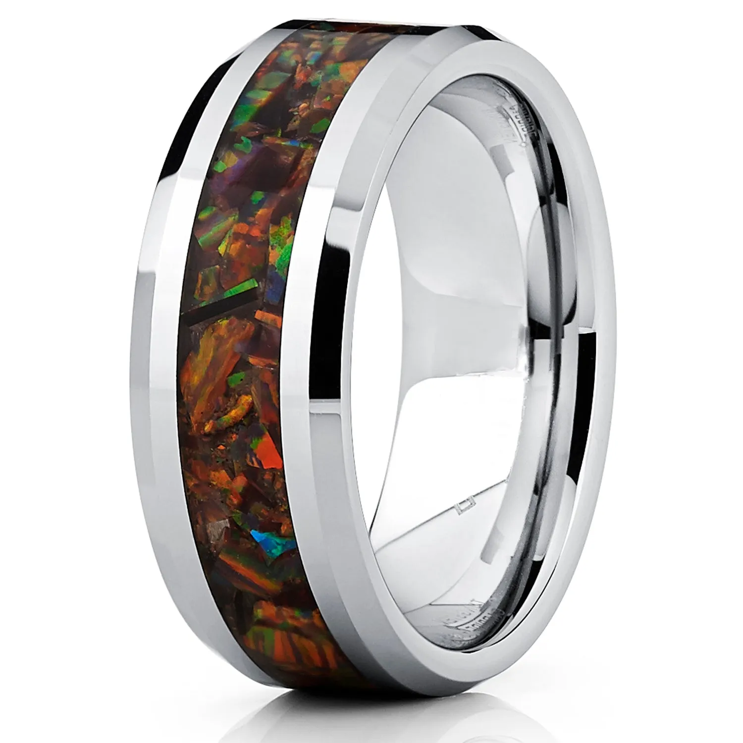 Men's 8MM Tungsten Carbide Wedding Band Ring With Fire Red Simulated Opal Inlay 8MM