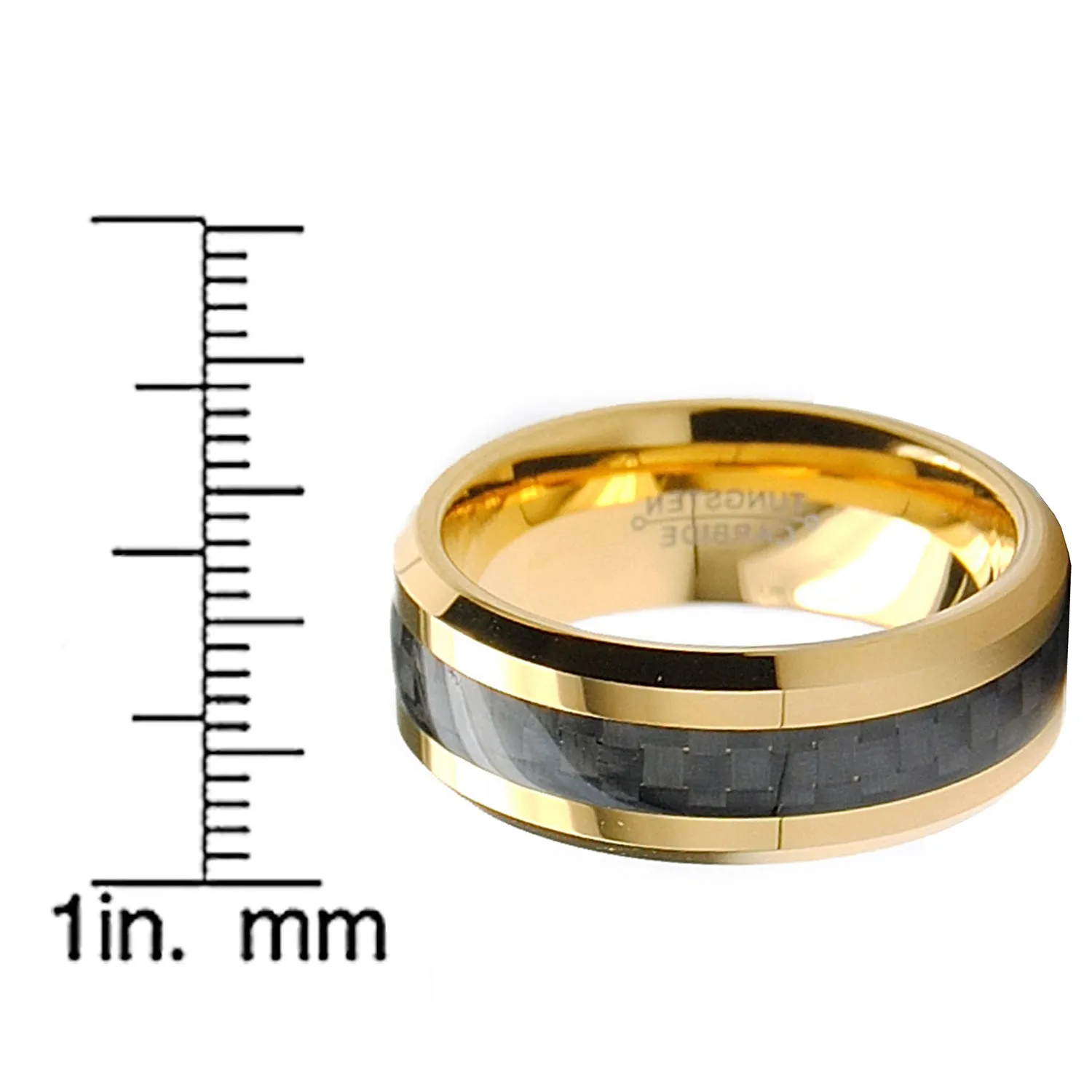 Men's Goldtone Tungsten Ring Wedding Band Black Carbon Fiber 8MM Sizes 7-15