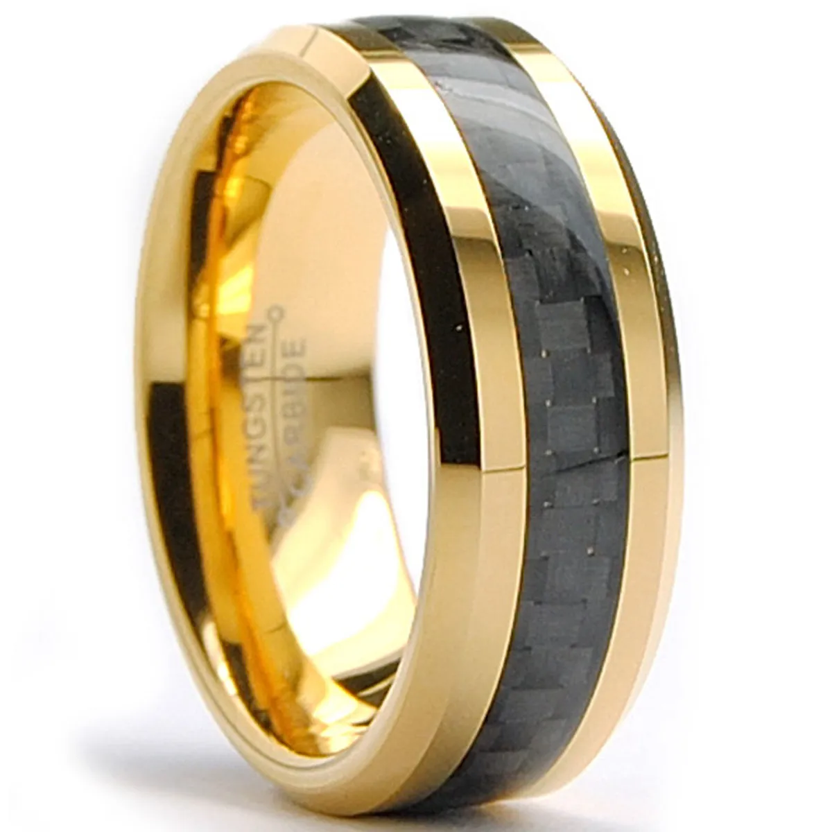 Men's Goldtone Tungsten Ring Wedding Band Black Carbon Fiber 8MM Sizes 7-15