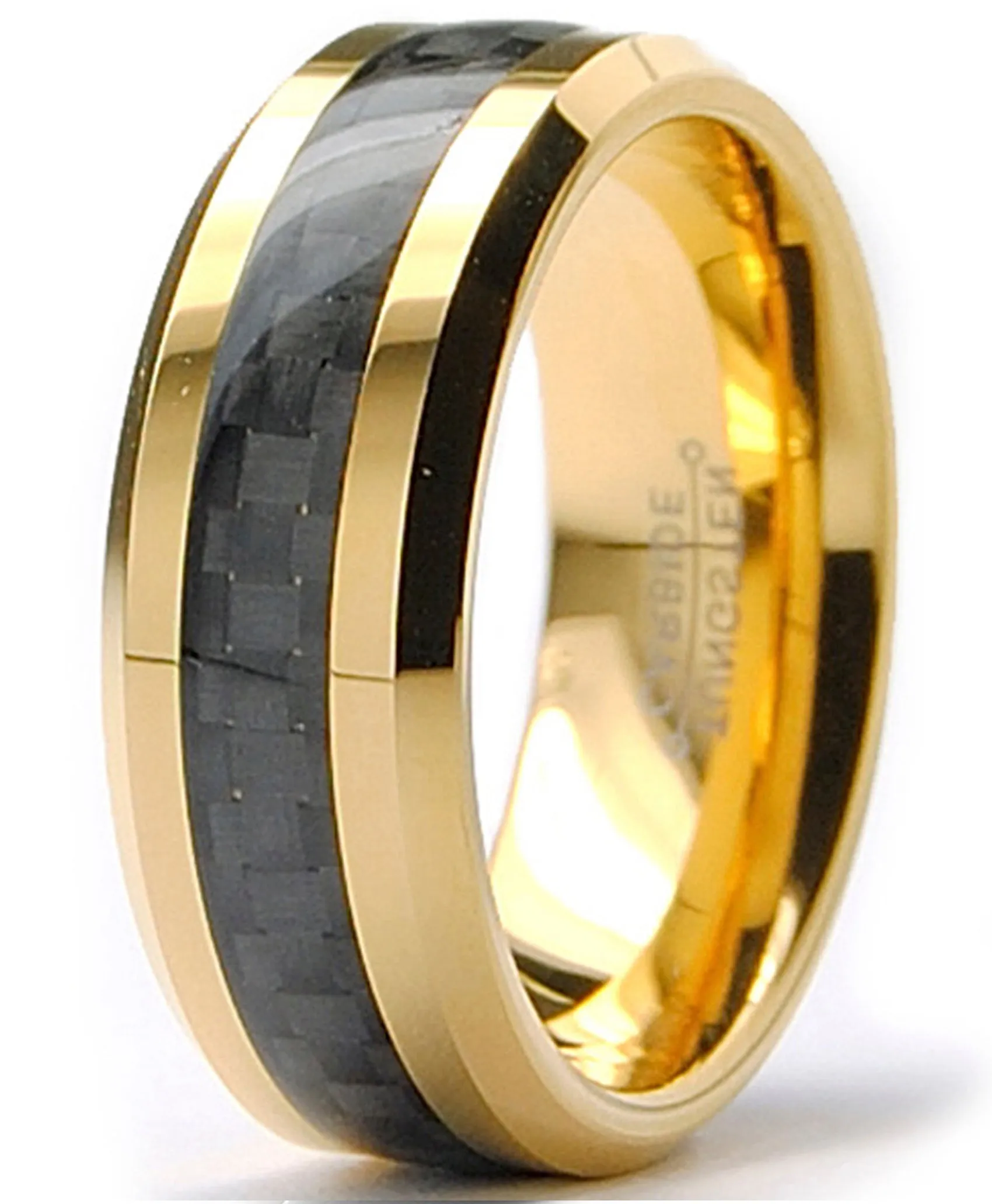 Men's Goldtone Tungsten Ring Wedding Band Black Carbon Fiber 8MM Sizes 7-15