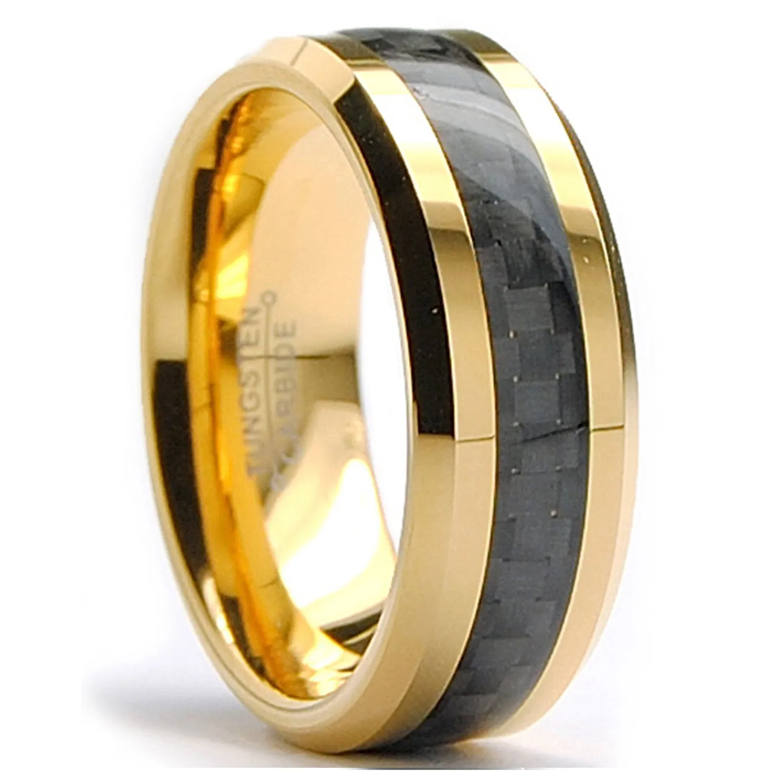 Men's Goldtone Tungsten Ring Wedding Band Black Carbon Fiber 8MM Sizes 7-15