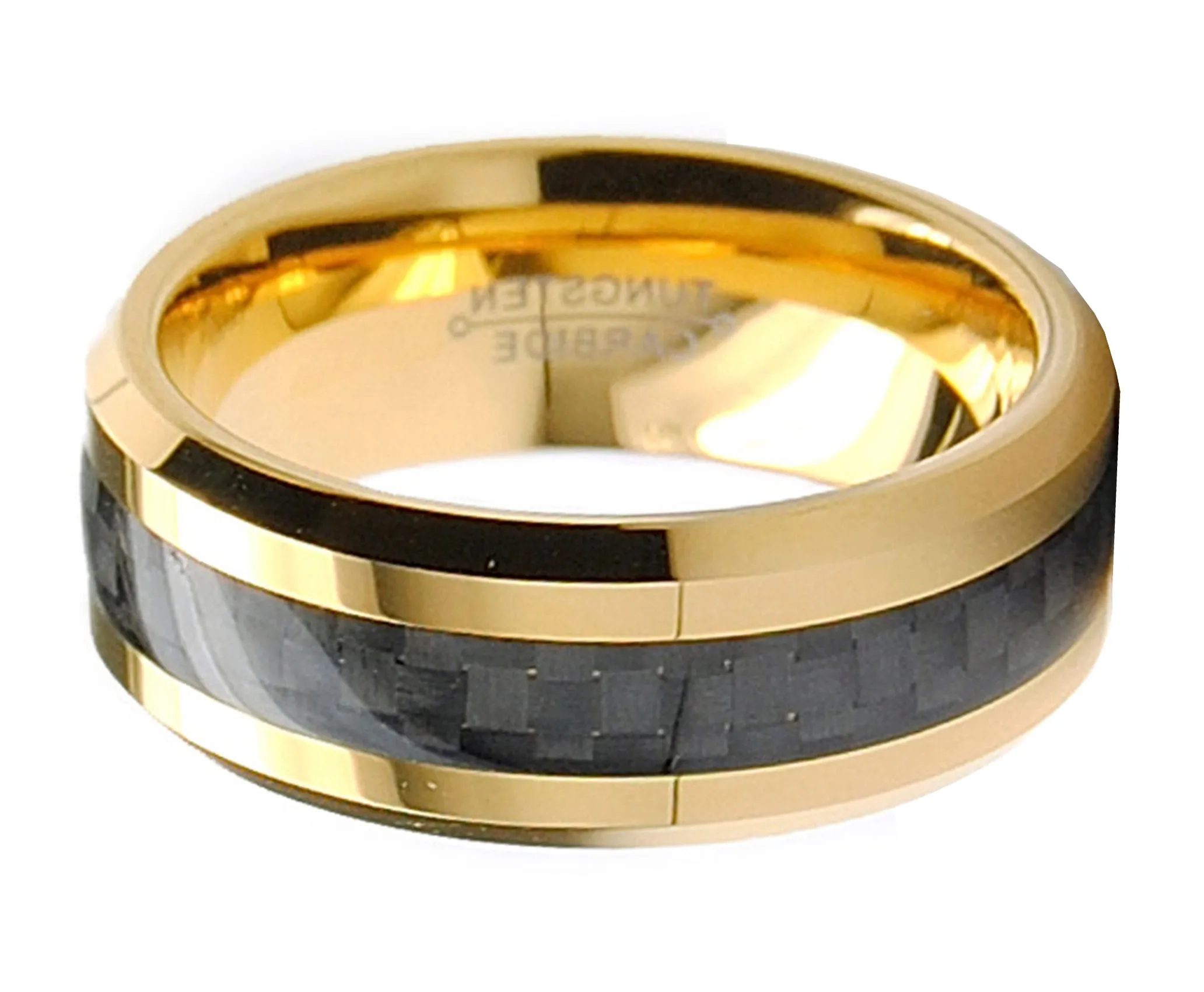 Men's Goldtone Tungsten Ring Wedding Band Black Carbon Fiber 8MM Sizes 7-15