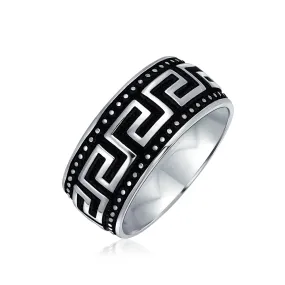 Mens Silver Ring with Geometric Greek Key Design Black & Silver Two-Tone Band