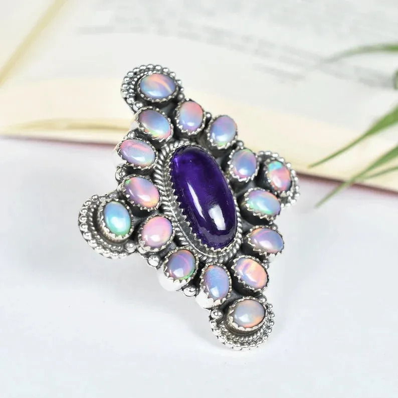 Native American Aurora Opal & Amethyst Cluster Rings - 925 Sterling Silver Rings