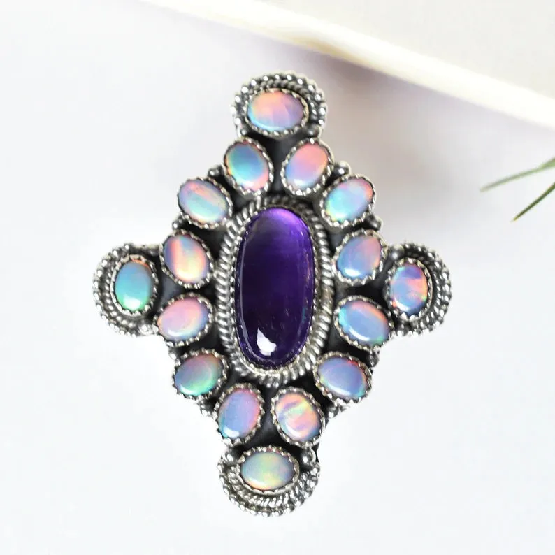 Native American Aurora Opal & Amethyst Cluster Rings - 925 Sterling Silver Rings