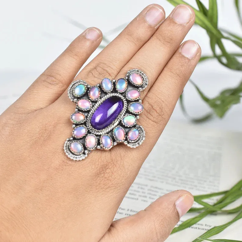 Native American Aurora Opal & Amethyst Cluster Rings - 925 Sterling Silver Rings