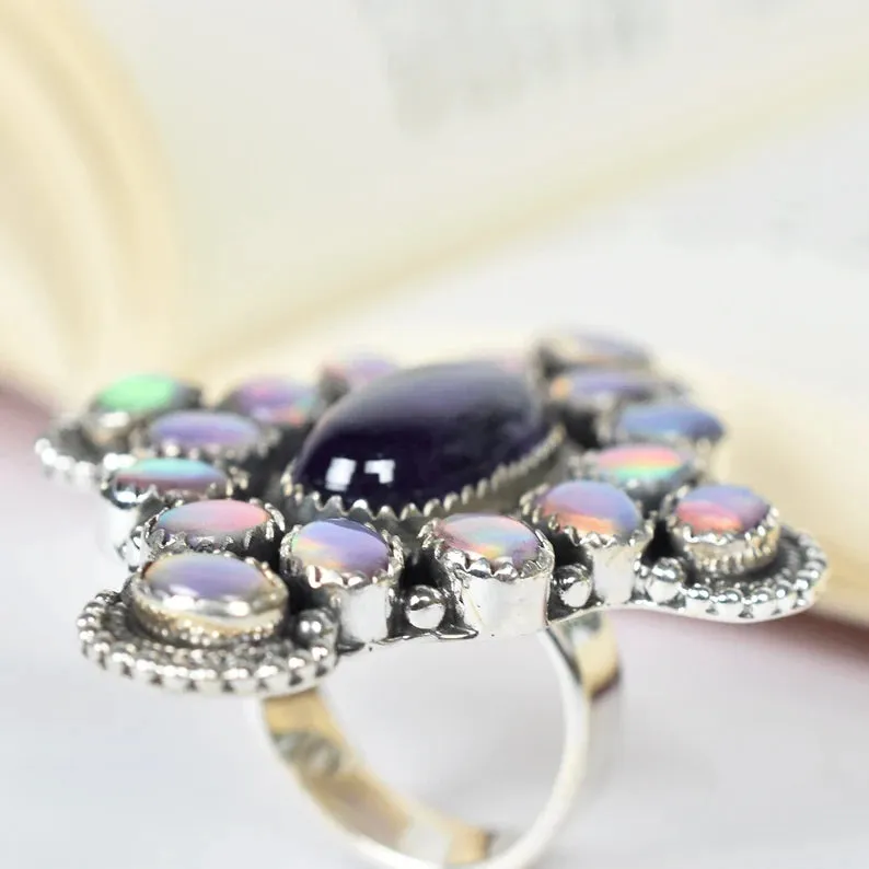 Native American Aurora Opal & Amethyst Cluster Rings - 925 Sterling Silver Rings