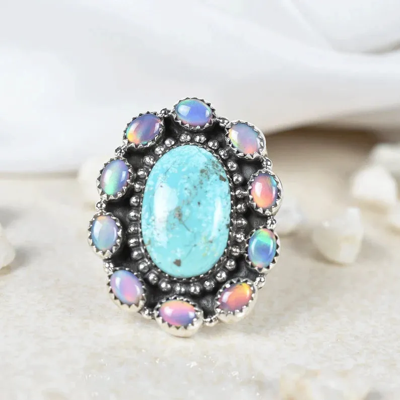 Native American Aurora Opal And Turquoise Cluster Rings - 925 Sterling Silver Bohemian Rings