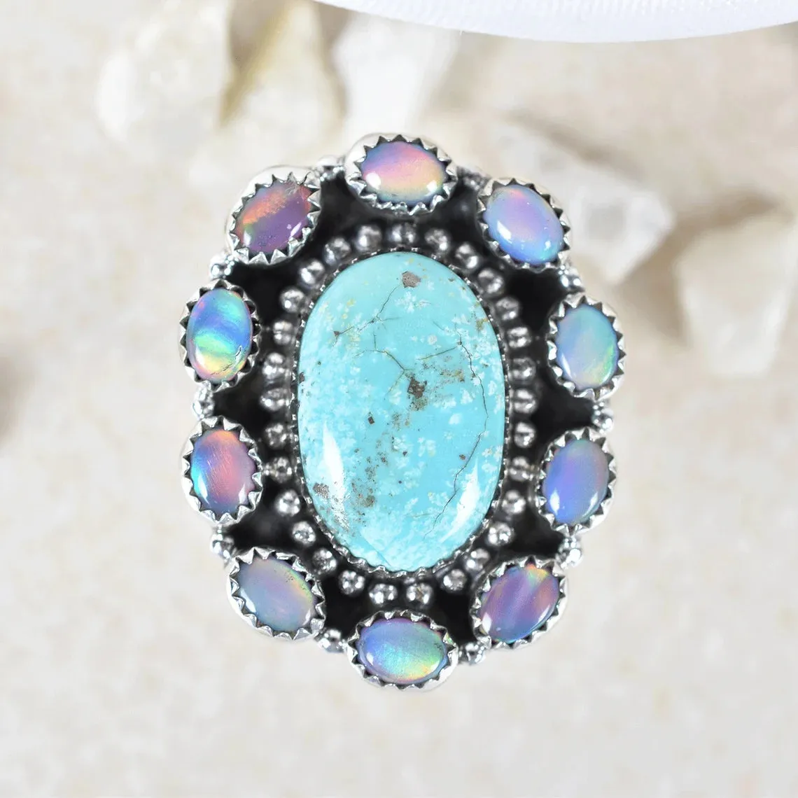 Native American Aurora Opal And Turquoise Cluster Rings - 925 Sterling Silver Bohemian Rings