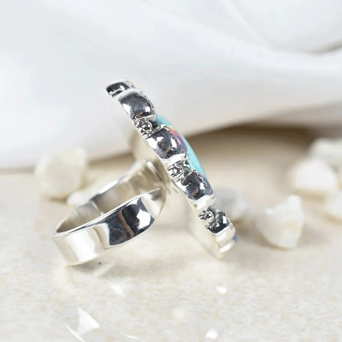 Native American Aurora Opal And Turquoise Cluster Rings - 925 Sterling Silver Bohemian Rings