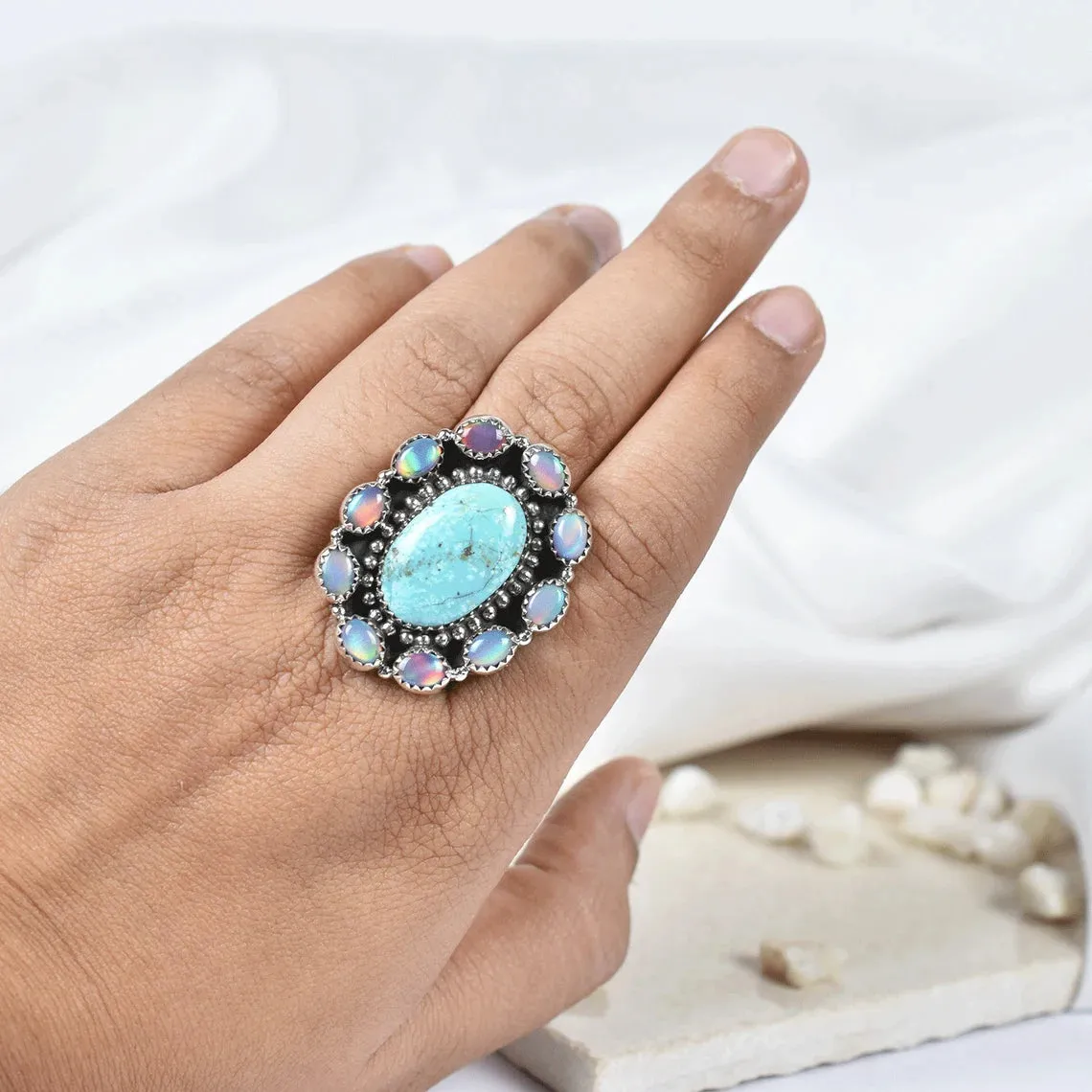 Native American Aurora Opal And Turquoise Cluster Rings - 925 Sterling Silver Bohemian Rings