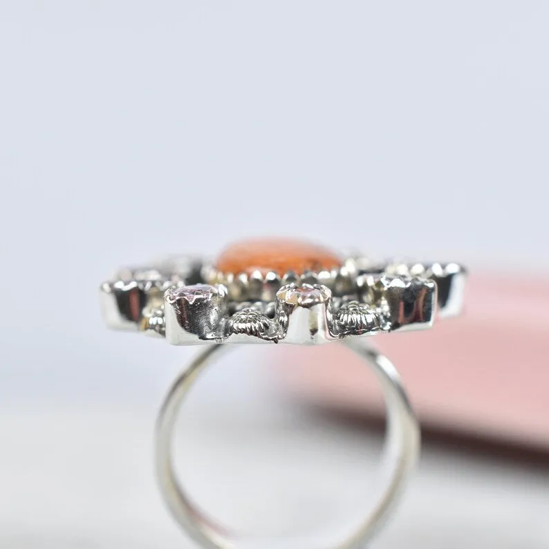 Native American Orange Coral And Pink Cz Cluster Rings - 925 Sterling Silver Boho Rings