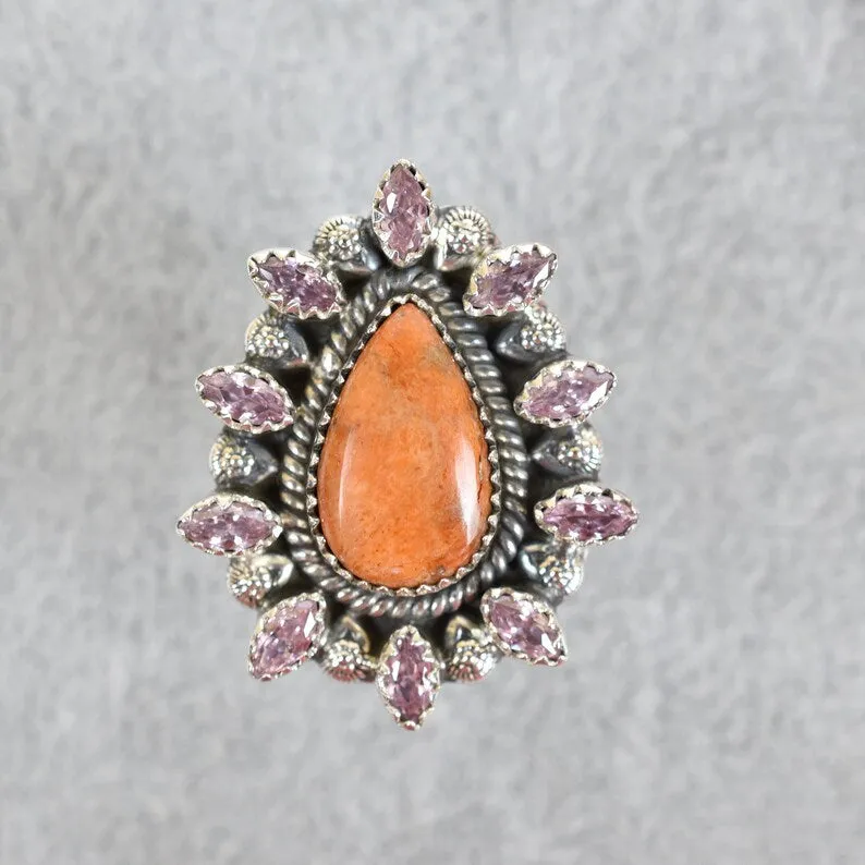 Native American Orange Coral And Pink Cz Cluster Rings - 925 Sterling Silver Boho Rings