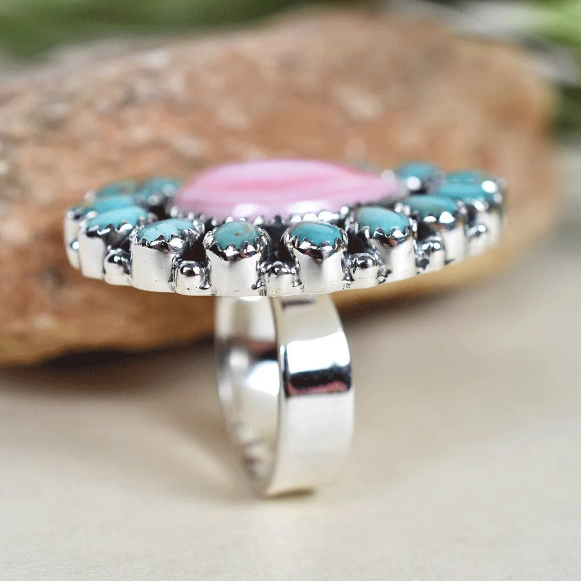 Native American Pink Conch Shell & Mohave Turquoise Cluster Rings - 925 Sterling Silver Handmade Vintage Rings