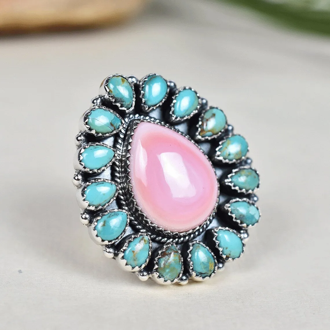 Native American Pink Conch Shell & Mohave Turquoise Cluster Rings - 925 Sterling Silver Handmade Vintage Rings