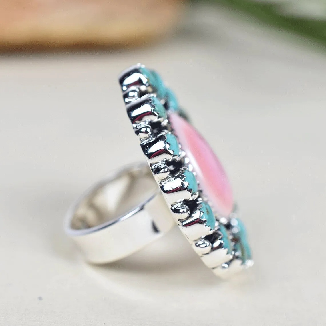 Native American Pink Conch Shell & Mohave Turquoise Cluster Rings - 925 Sterling Silver Handmade Vintage Rings