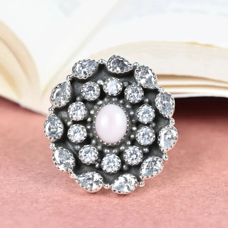 Native American Pink Opal And Cubic Zirconia Cluster Rings - 925 Sterling Silver Handmade Vintage Rings