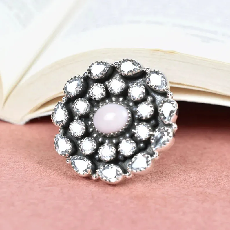 Native American Pink Opal And Cubic Zirconia Cluster Rings - 925 Sterling Silver Handmade Vintage Rings