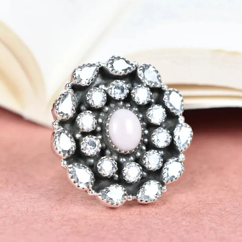 Native American Pink Opal And Cubic Zirconia Cluster Rings - 925 Sterling Silver Handmade Vintage Rings