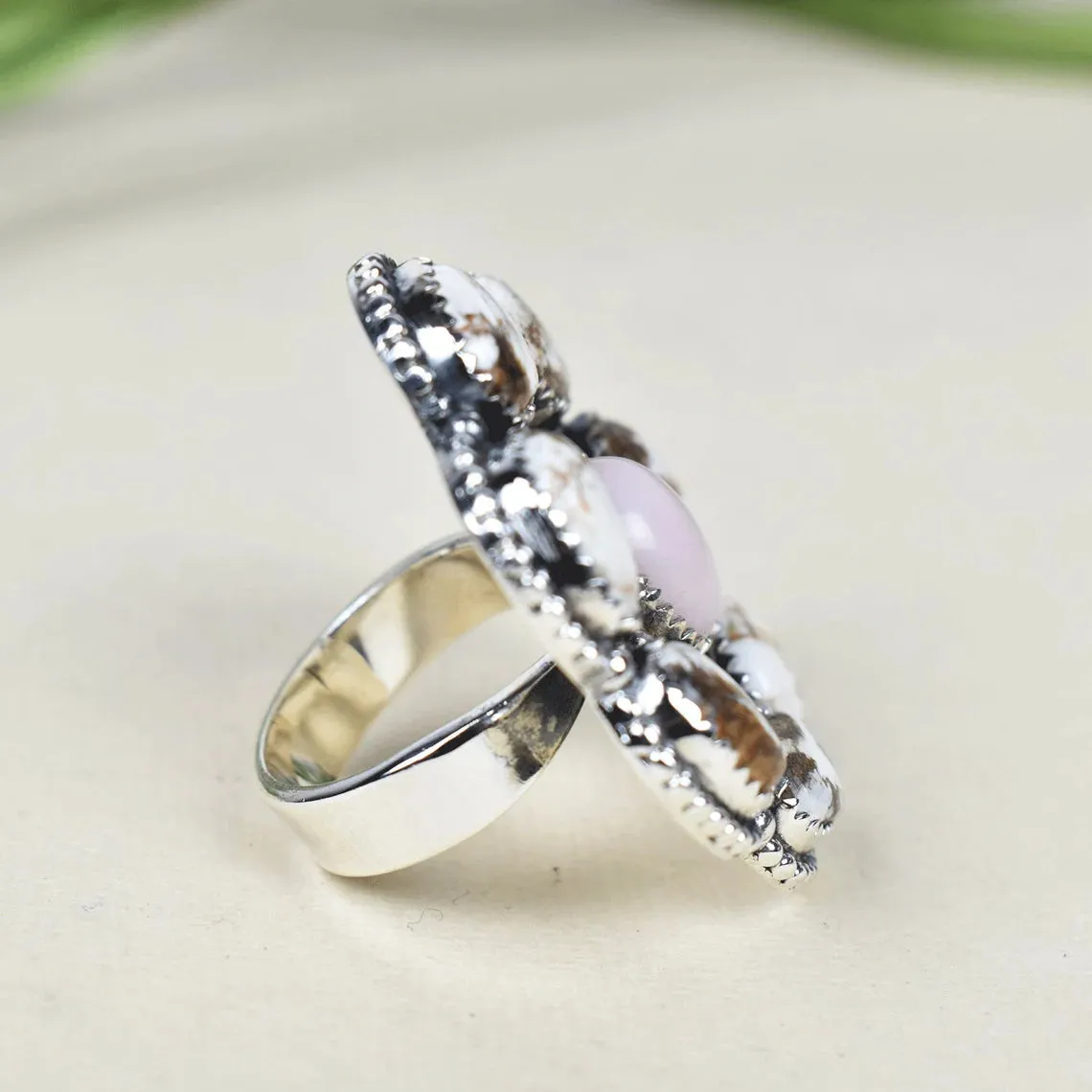 Native American Pink Opal And Wild Horse Magnesite  925 Sterling Silver Rings