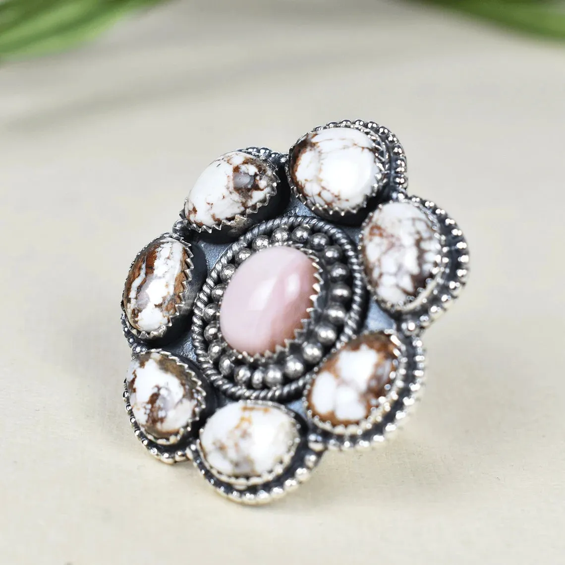 Native American Pink Opal And Wild Horse Magnesite  925 Sterling Silver Rings