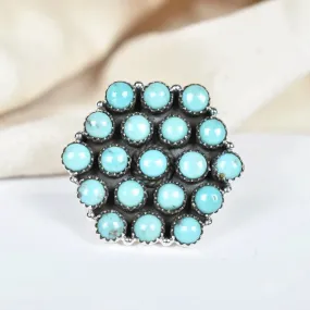 Native American Round Cut Turquoise Cluster Rings - 925 Sterling Silver Handmade Vintage Rings