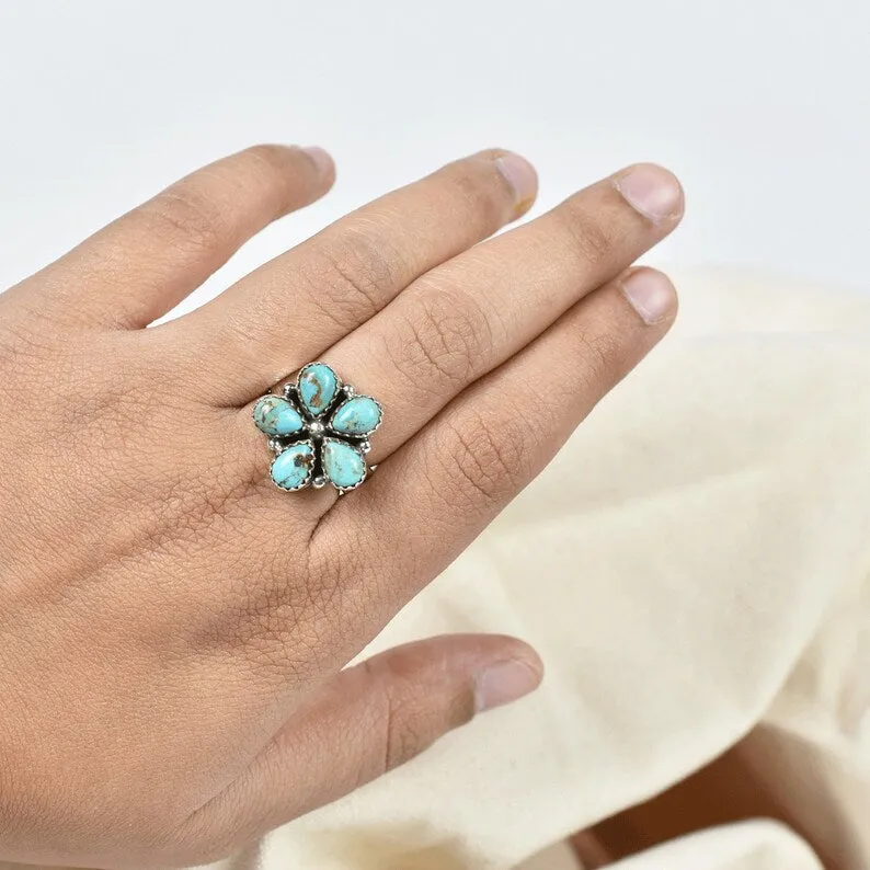 Native American Teardrop Turquoise Cluster Rings - 925 Sterling Silver Southwestern Rings