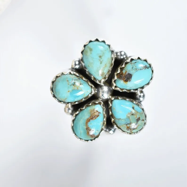 Native American Teardrop Turquoise Cluster Rings - 925 Sterling Silver Southwestern Rings