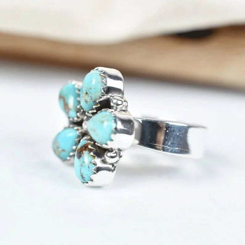 Native American Teardrop Turquoise Cluster Rings - 925 Sterling Silver Southwestern Rings